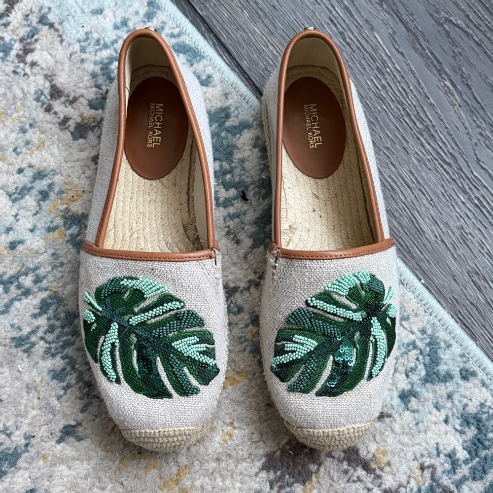 Monstera Leaf Linen Flat Espadrilles 9.5